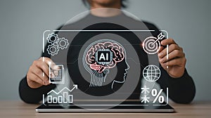 AI Brain Concept with Man Using Digital Interface and Virtual Technology