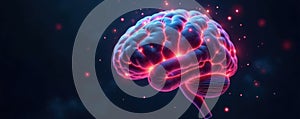 AI brain with glowing nodes on dark background, neural network, programming