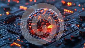 AI brain integrated into computer motherboard, futuristic technology visual