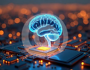 AI brain over computer chip CPU. Artificial intelligence concept. Tech, science background for data processing, machine learning,