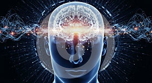 AI brain processing big data with digital waves.