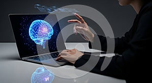 AI Brain Processing Digital Data with Laptop Interface