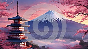 AI A breathtaking rendering of the majestic Mount Fuji, adorned with the vibrant hues of the