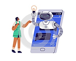 AI chat bot and customer communication. Chatbot answering, solving problem online via phone messenger. Internet support