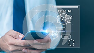 AI Chat concept AI, Artificial Intelligence. business man using technology smart robot AI, enter command prompt, contact for