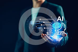 AI Chatbot. Businessman using computer with artificial intelligence with command prompt for generate