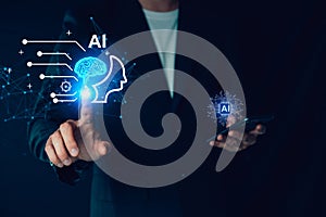 AI Chatbot. Businessman using computer with artificial intelligence with command prompt for generate