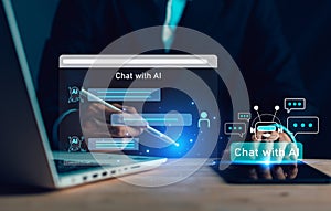 AI Chatbot. Businessman using computer with artificial intelligence with command prompt for generate
