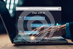 AI Chatbot. Businessman using computer with artificial intelligence with command prompt for generate