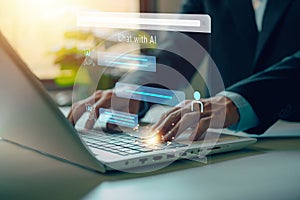 AI Chatbot. Businessman using computer with artificial intelligence with command prompt for generate