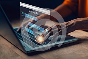 AI Chatbot. Businessman using computer with artificial intelligence with command prompt for generate