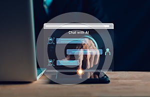 AI Chatbot. Businessman using computer with artificial intelligence with command prompt for generate