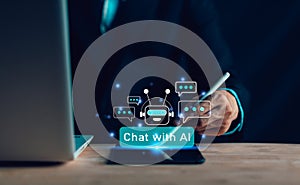 AI Chatbot. Businessman using computer with artificial intelligence with command prompt for generate