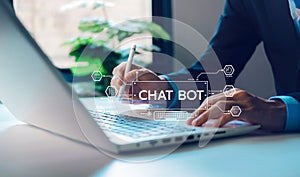 AI Chatbot. Businessman using computer with artificial intelligence with command prompt for generate. Technology links information