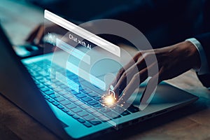 AI Chatbot. Businessman using computer with artificial intelligence with command prompt for generate. Technology links information