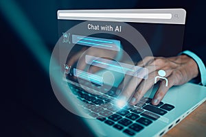 AI Chatbot. Businessman using computer with artificial intelligence with command prompt for generate. Technology links information