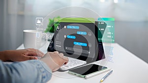 AI chatbot interaction on tablet with futuristic interface, generative AI and data analytics concept