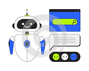AI chatbot with search bar and feedback interface 2D cartoon objects set