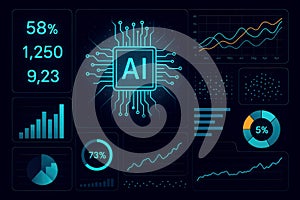 AI Chip Artificial Intelligence Data Analysis Futuristic Interface with Charts and Graphs processor