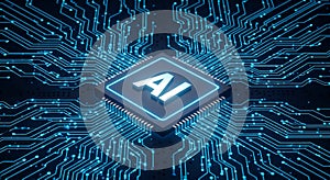 AI Chip on Circuit Board with Glowing Blue Lines artificial intelligence