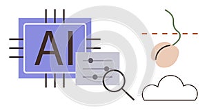 Artificial Intelligence Concept With Chip, Data Analysis, Magnifying Glass, and Cloud Computing Elements