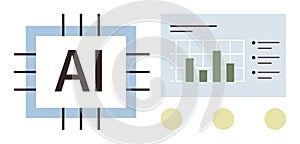 AI Chip with Data Analysis Dashboard and Graphs Representing Technology and Machine Learning