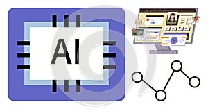 AI Chip with Digital Network Diagram and Computer Screen Representing Data and Analytics