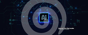 AI Chip Digital Technology Abstract Data Background. Microchip Processor Motherboard Glow Blue Digital Signal