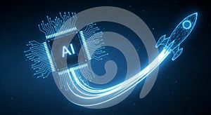 AI Chip Launching a Wireframe Rocket with Light Trails