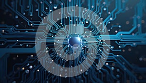 AI circuit board close-up. Electronic PCB circuit icon symbol. Futuristic tech, cyberspace connection, innovation, computer,
