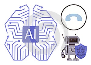 AI Circuit Brain, Robot with Shield, and Communication Icon Representing Technology and Security
