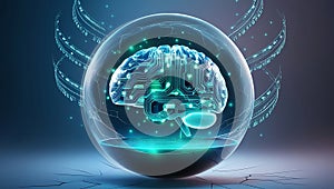 AI circuit pathways form a glowing 3D brain, surrounded by digital symbols and binary data streams