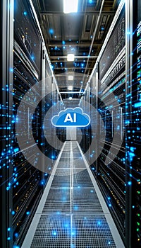 AI Cloud Computing, Digital Transformation. Data Storage Server Room with Artificial Intelligence.