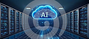 AI Cloud Computing in Futuristic Data Center with Server Racks Technology and Innovation Concept