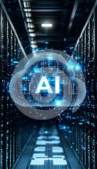 AI Cloud Computing in Futuristic Server Room Data Center, Artificial Intelligence Technology