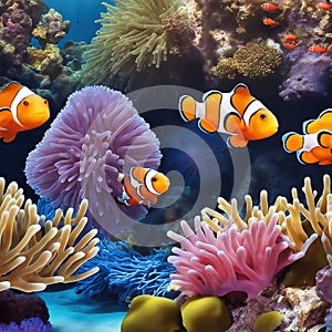 AI clown fish in a coral reef. Aquarium with saltwater underwater world. Fish