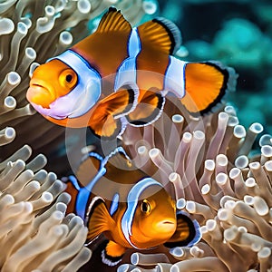 AI clown fish in a coral reef. Aquarium with saltwater underwater world. Fish