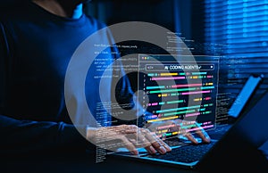 AI coding agents for software development concept. Programmer use laptop with code and AI assistant represent artificial