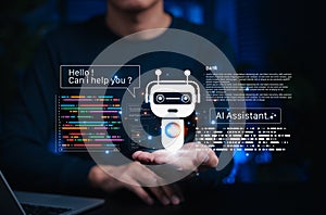 AI coding assistant for software development concept. machine learning code, Programmer holding virtual assistant code and AI