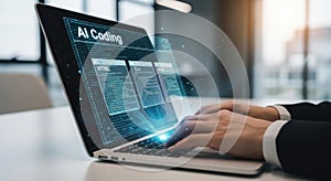 AI Coding on Laptop Screen with Futuristic Interface