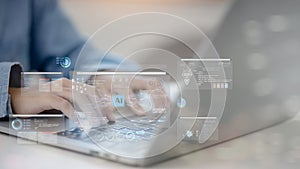 AI computing and Artificial Intelligence for big data analytics. A man working with Artificial Intelligence uses a command prompt