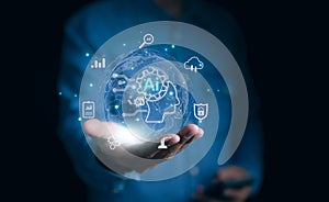 Ai, the concept of artificial intelligence use analytics, automation, and an autonomous brain. big data management, computer