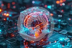 AI concept Brain encased in transparent cube on microchip circuitry