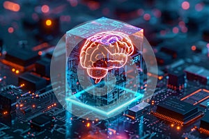 AI concept Brain encased in transparent cube on microchip circuitry