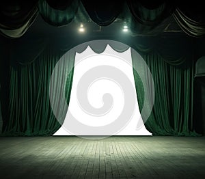 green curtains on a wood floor stage. transparent PNG background