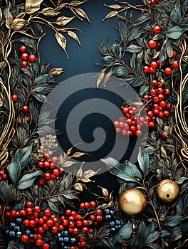 Christmas background - snowy fir branch adorned with pine cones