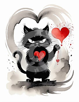 The AI created a black cat with expressive yellow eyes, holding a red heart. Valentine s Day