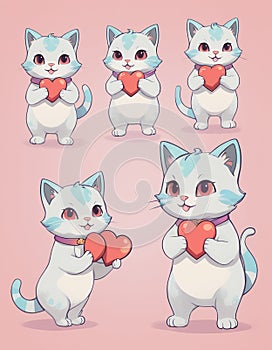 AI created a Set of cute cat in love. Holds a heart, valentine\'s day