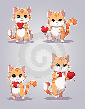 AI created a Set of cute cat in love. Holds a heart, valentine\'s day