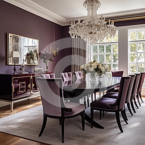 AI creates an image of the interior design of a dining room in the style of a luxury model. Decorated with chandeliers in beautifu